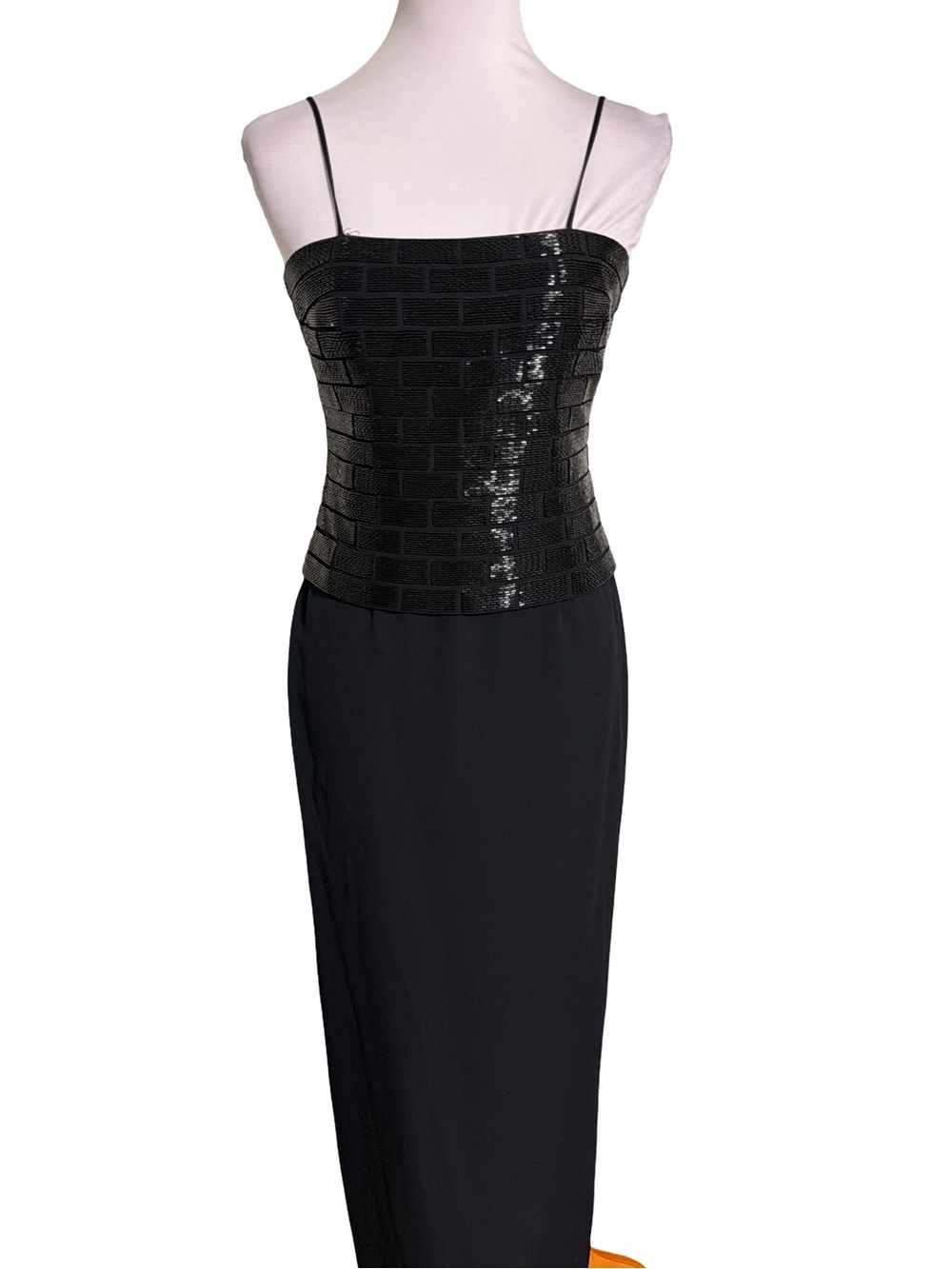 Daymor Couture Black Sequin Bodice Maxi Dress with Spaghetti Straps